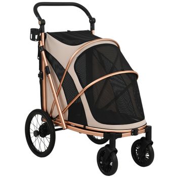 PawHut Carrito para Perros Plegable hasta 20 kg con Ruedas Grandes Suspensión y Freno Ventanas de Malla Cojín Marrón Claro   Aosom España