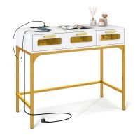 costway mesa consola con luces led y estacion de carga 90cm con enchufes usb cajones estrecha para detras del sofa recibidor pasillo blanco