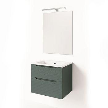 Kibath Mueble De Baño Con Lavabo, Espejo Y Aplique Led Boreal 60x45 Cm Acabado Verde Lago Mate 2 Cajones Suspendido