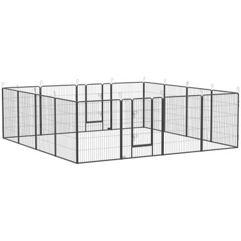 PawHut Corral para cachorros, diseño modular, 16 paneles, 2 puertas, resistente a la intemperie, acero, 3,2 x 3,2 x 1 m, gris