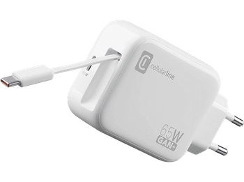 Cargador móvil - CellularLine Roll GaN+, 65W, Cable retráctil, USB C, Universal, Blanco