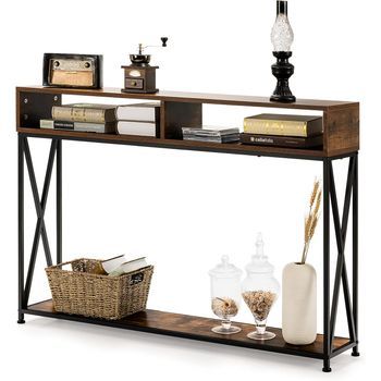 Consola Con 2 Niveles Mesita De Sofá Con Repisa Abierta Y Compartimientos Costway 120 X 23 X 79 Cm