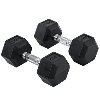 HOMCOM Juego de Mancuernas 10kg c/u con Barra de Conexión, Cabeza Hexagonal, Ideal para Entrenamiento de Fuerza en Casa, Negro y Plata   Aosom España