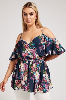 Yours London Top Azul Marino Cruzado Con Hombros Descubiertos, Mujer Curvy Y Tallas Grandes, Yours London