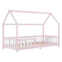 cama para ninos en forma de casa con reja protectora madera de pino 207 x 96 x 140 cm chapa de madera rosa blanco mate lacado encasa