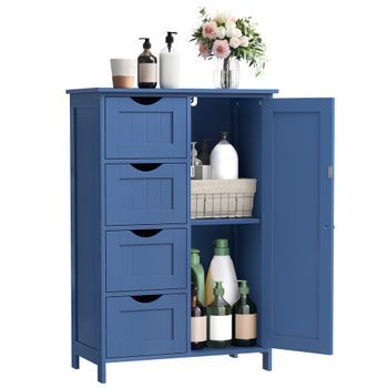 Mueble De Baño Auxiliar De 4 Cajones Y Armario Con Estructura De Mdf - Azul