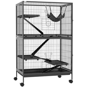 PawHut Jaulas para Hámsters Chinchillas Hurones con Ruedas Rampas Hamaca y Bandeja Extraíble 80x52x128 cm Gris   Aosom España