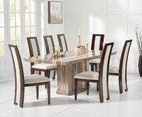 carvelle 200cm brown pedestal marble dining table with raphael chairs