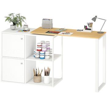 Escritorio Esquinero En L 150x40x75 Cm Giratorio 360º Con Almacenaje Madera Mdf Blanco Y Natural