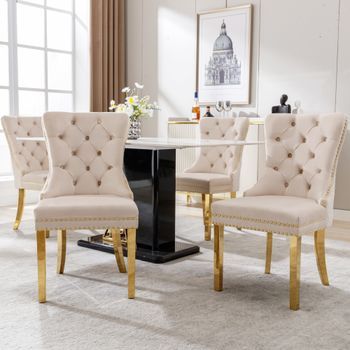 Silla De Comedor De Terciopelo Beige, 50,5 × 45 × 95 Cm, Patas Doradas