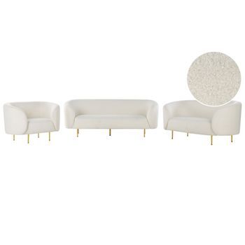 Conjunto De Sala De Estar 6 Plazas De Poliéster Blanco Dorado Bouclé Patas Loen