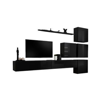 Conjunto De Muebles Para Sala Mural Switch Ix Diseño, Color Negro Brillante.