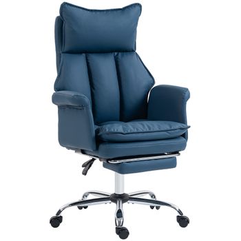 HOMCOM Silla de Escritorio con Reposapiés Respaldo Reclinable Alto Acolchado Grueso Tapizada en Cuero Sintético Ruedas Azul