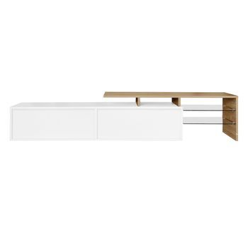 Mueble De Tv Blanco Y Madera De 170 Cm Con Estantes De Cristal E Iluminación Led