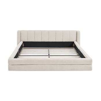 Cama Doble De 160x200 Cm En Tela De Felpa Beige, Respaldo Cómodo, Estructura De Eucalipto Y Metal, Capacidad De 300 Kg, Sin Colchón, Color Beige