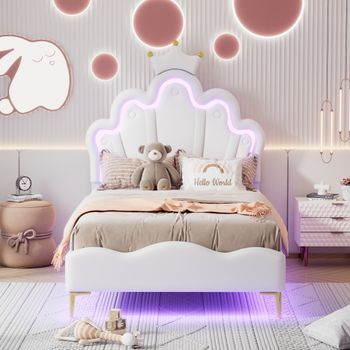 Cama Doble Plana 90x200 Princesa Forma Corona Acolchado Cuero Sintético Luz Led Ajustable Blanca