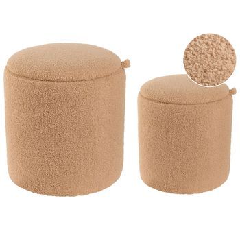Conjunto De 2 Pufs Con Almacenaje De Bouclé Otomanas Tapizadas Redondas Marrón Claro Berea