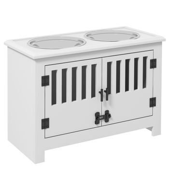 PawHut Comedero para Perro Elevado con 2 Cuencos de Acero Inoxidable 2x2 L con Almacenamiento 37 L y 2 Puertas con Pestillos Blanco   Aosom España