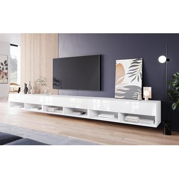 Mueble De Tv Lowboard A 300 Cm, Mueble De Televisión, Mueble De Salón, Con Iluminación Led, Color Blanco/blanco Brillo