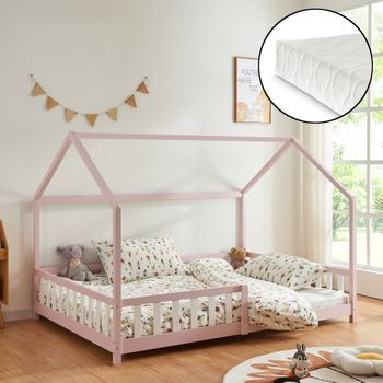 Cama Infantil Hesel En Forma De Casa Con Reja Y Colchón 120x200cm - Rosa [en.casa]