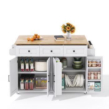 Isla De Cocina Con Encimera Plegable, Carrito Con 5 Ruedas, 4 Puertas Y 3 Cajones, 140x70x90.5 Cm, Madera Mdf, Blanco