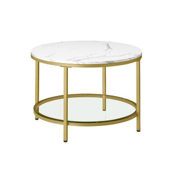 Mesa de Centro Sofá de Mármol de Imitación Redonda Estante de Vidrio, Blanco Mármol + Dorado Claro / 65 x 46 cm