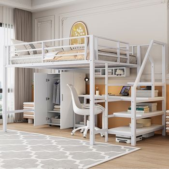 Litera Cama Infantil Doble 140x200 Cm Armario Estanterías + Escritorio Blanco
