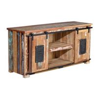 mueble de tv fabricado en madera reciclada multicolor