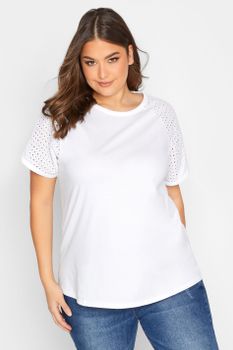 Yours Camiseta Algodón Blanca Mangas Con Bordados Calados, Mujer Curvy Y Tallas Grandes, Yours