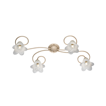 Lámpara De Techo Alice En Hierro Lacado Marfil Con Decoración. Difusores De Oro Antiguo Y Cristal D. 14 Alabastro Blanco 4 Luces L. 87 X 40