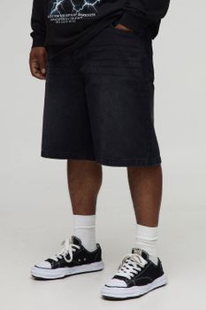 Plus Relaxed Fit Jorts With Pleat Waist Detail, Negro