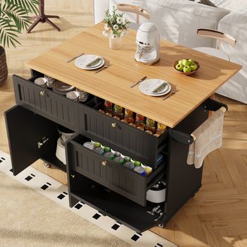 Isla De Cocina Con Almacenamiento, Armarios Correderos, Color Negro.