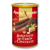 caja de 12 latas de barquillos de turron al chocolate antiu xixona