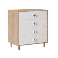 comoda de madera clara y blanca con 4 cajones