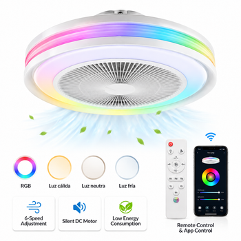 Ventilador de Techo con Luz LED RGB+CCT, Ventilador de Techo Bajo Perfil con Motor DC Silencioso, 6 Velocidades, Mando a Distancia y Temporizador, Lámpara Ventilador para Dormitorio, Salón y Comedor