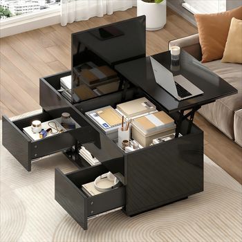 Mesa De Centro Elevable Negra Brillante Con Led, 100 X 45 X 43 Cm