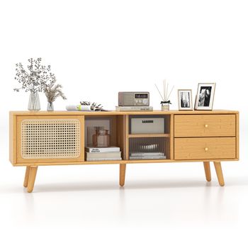 Costway Mueble TV de Bambú hasta 65'' Mesa de Consola con Puertas de Cristal y PE Ratán 2 Cajones Puertas Correderas para Sala Dormitorio Natural