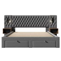 juego de cama 160x200cm con 2 mesitas de noche y 4 cajones cabecero iluminado con puerto usb terciopelo colchon incluido gris