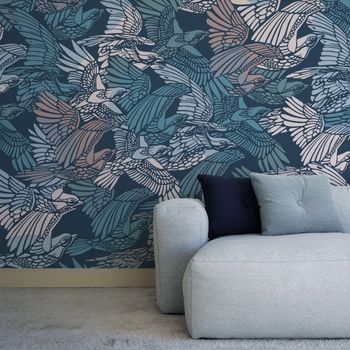 Papel pintado panorámico con una bandada de pájaros, azul 30