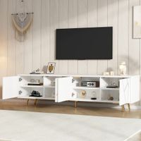mueble tv bajo con 4 puertas y 5 patas metalicas 190 cm blanco-dorado