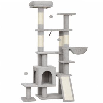 PawHut Árbol Rascador para Gatos 152 cm Multinivel con Cueva Hamaca Cama Escalera Rascadora 4 Postes de Sisal Bolas Gris Claro   Aosom España