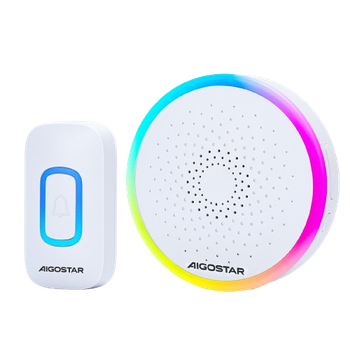 Aigostar RGB Timbre Inalámbrico, timbre inalámbrico exterior impermeable sin pilas, IP55, 5 Niveles de Volumen (0-120dB) y 60 Melodías, Timbre para Ancianos, Casa, Oficina, Blanco