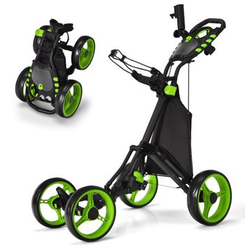 Costway Carrito de Golf de Empuje Plegable Ligero de 4 Ruedas con Bolsa Impermeable y Freno de Pie Soporte para Paraguas Ajustable y Taza
