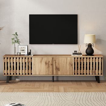 Mueble De Tv Con Aspecto De Madera, Mueble Bajo Con 8 Compartimentos De Almacenaje, Para Tv De 70 Pulgadas, Mdf, Blanco, Negro, (180x40x55cm)