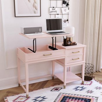 Escritorio con tablero elevable en efecto de madera rosa
