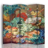 legendarte - biombo bodegon con flores y frutas - jan van huysum - separador de ambientes para interiores cm 180x170 5 paneles