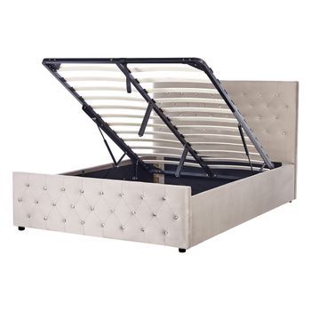Cama Doble Tapizada En Terciopelo Gris Pardo 140 X 200 Cm Con Almacenamiento Cabecero Acolchado Amiens