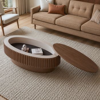 Mesa De Centro Ovalada De 98 Cm Con Compartimento Oculto, Nogal Y Diseño Estriado