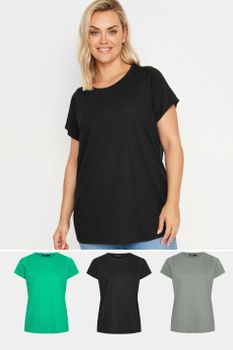 Yours Juego 3 Camisetas Manga Corta: Negra, Gris Y Verde, Mujer Curvy Y Tallas Grandes, Yours