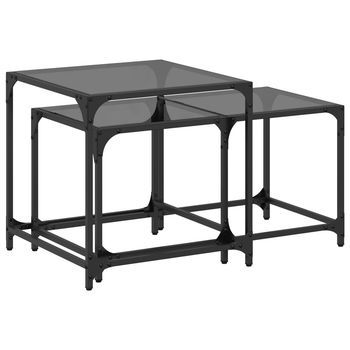 2 Uds Mesas De Centro，mesa Auxiliar，mesita De Centro Apilables Y Tapa De Vidrio Acero Negro